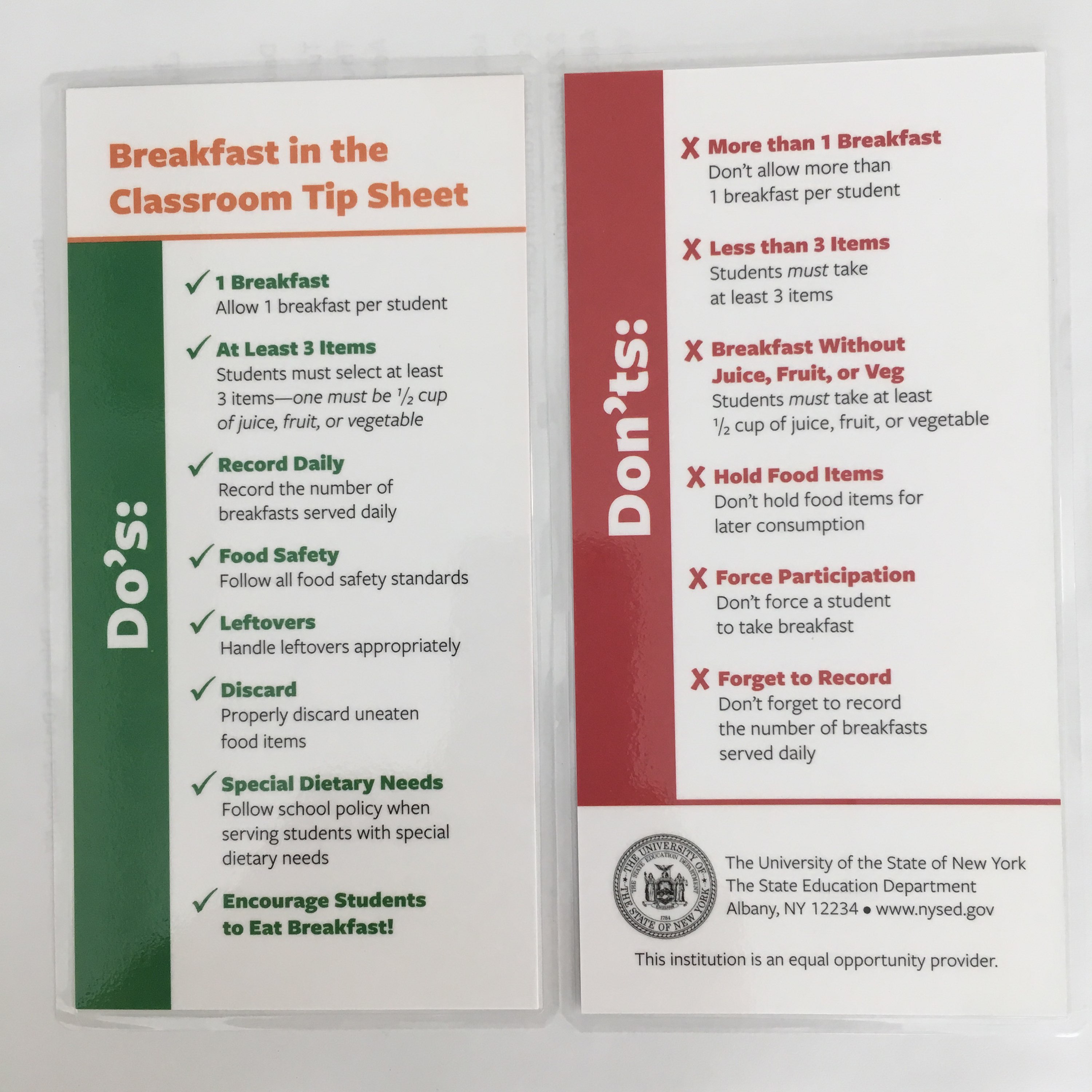 Laminated list of Do's and Don'ts when conducting breakfast in the classroom.
