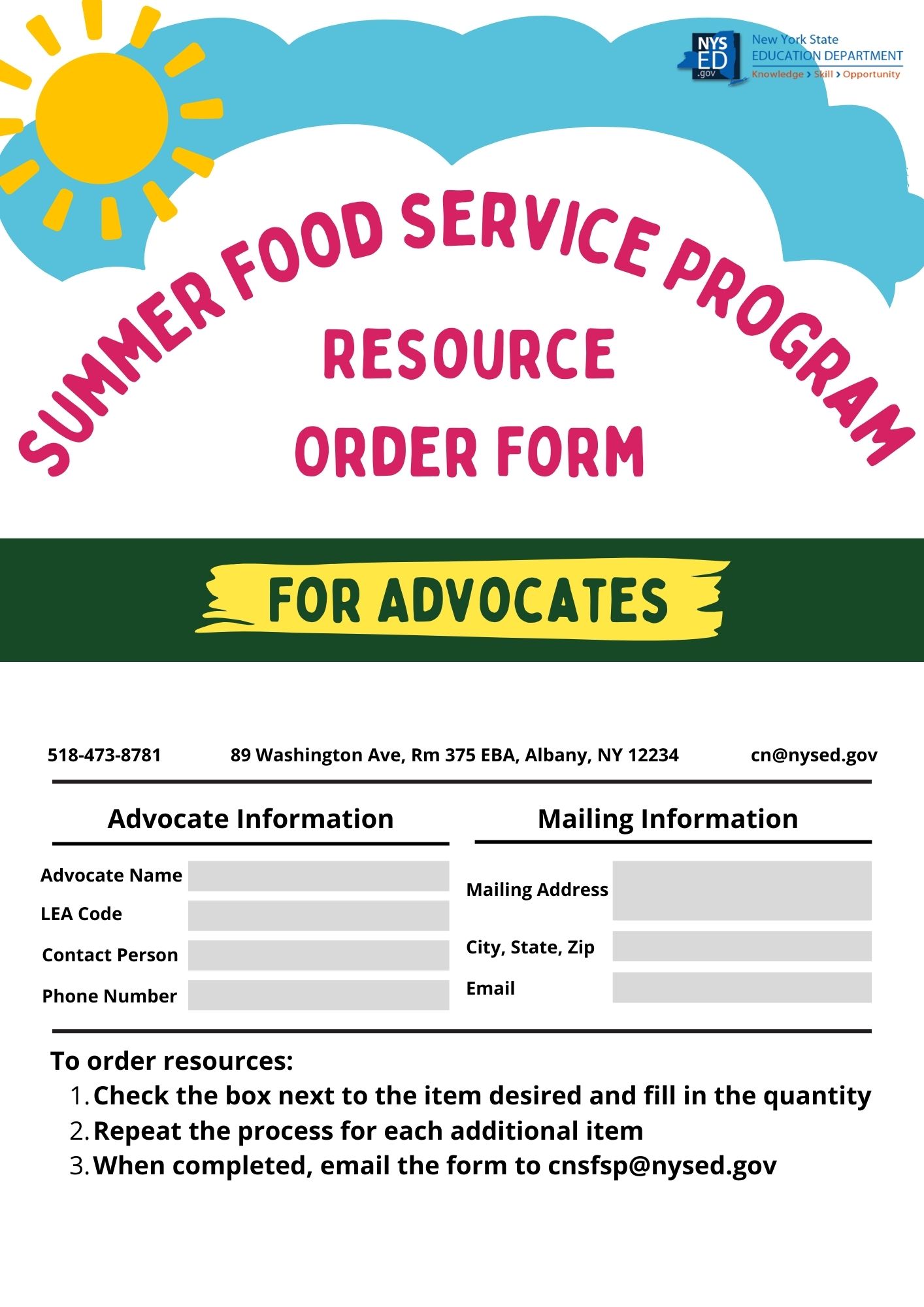 SFSP Advocate Order Form