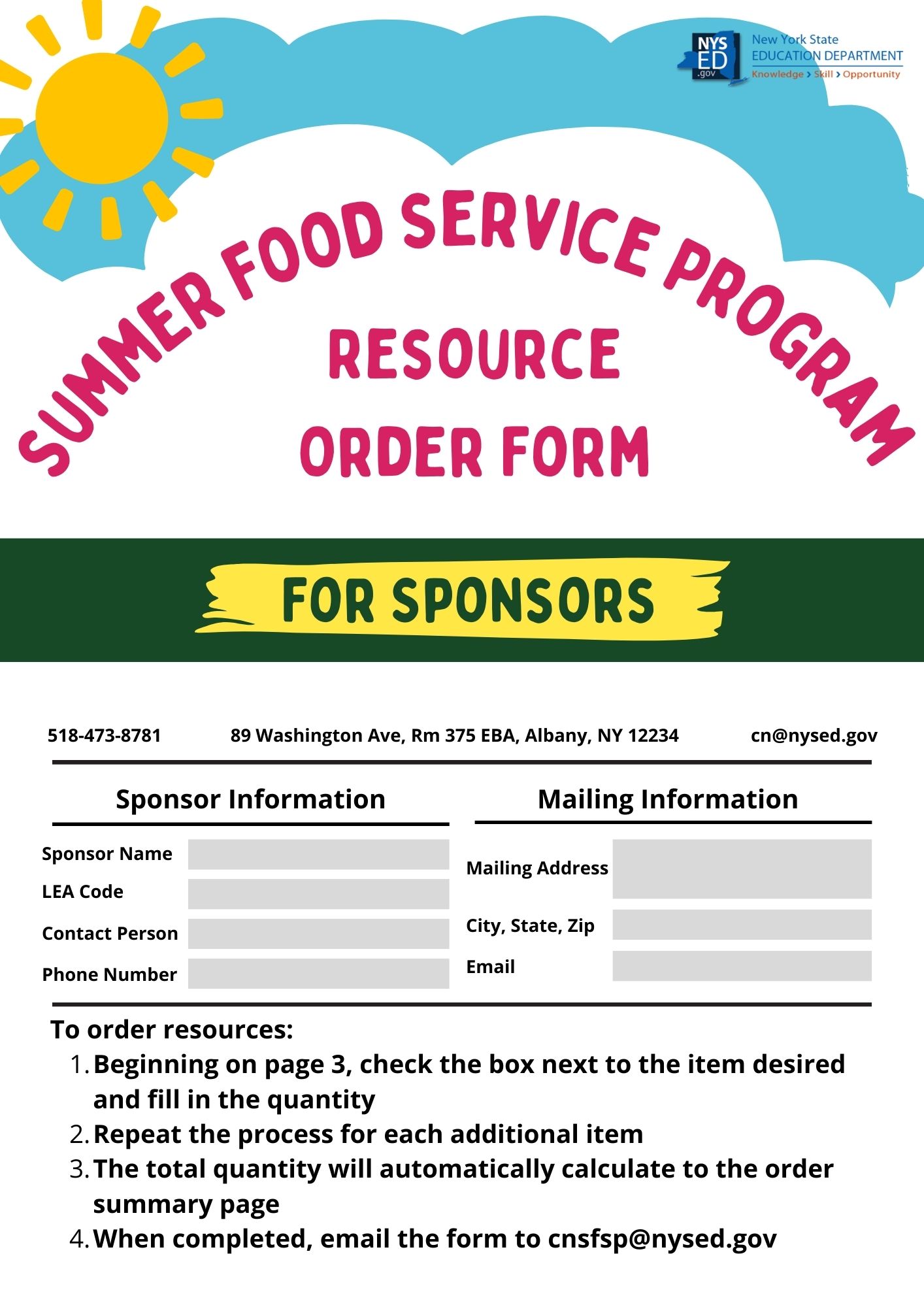 SFSP Sponsor Order Form